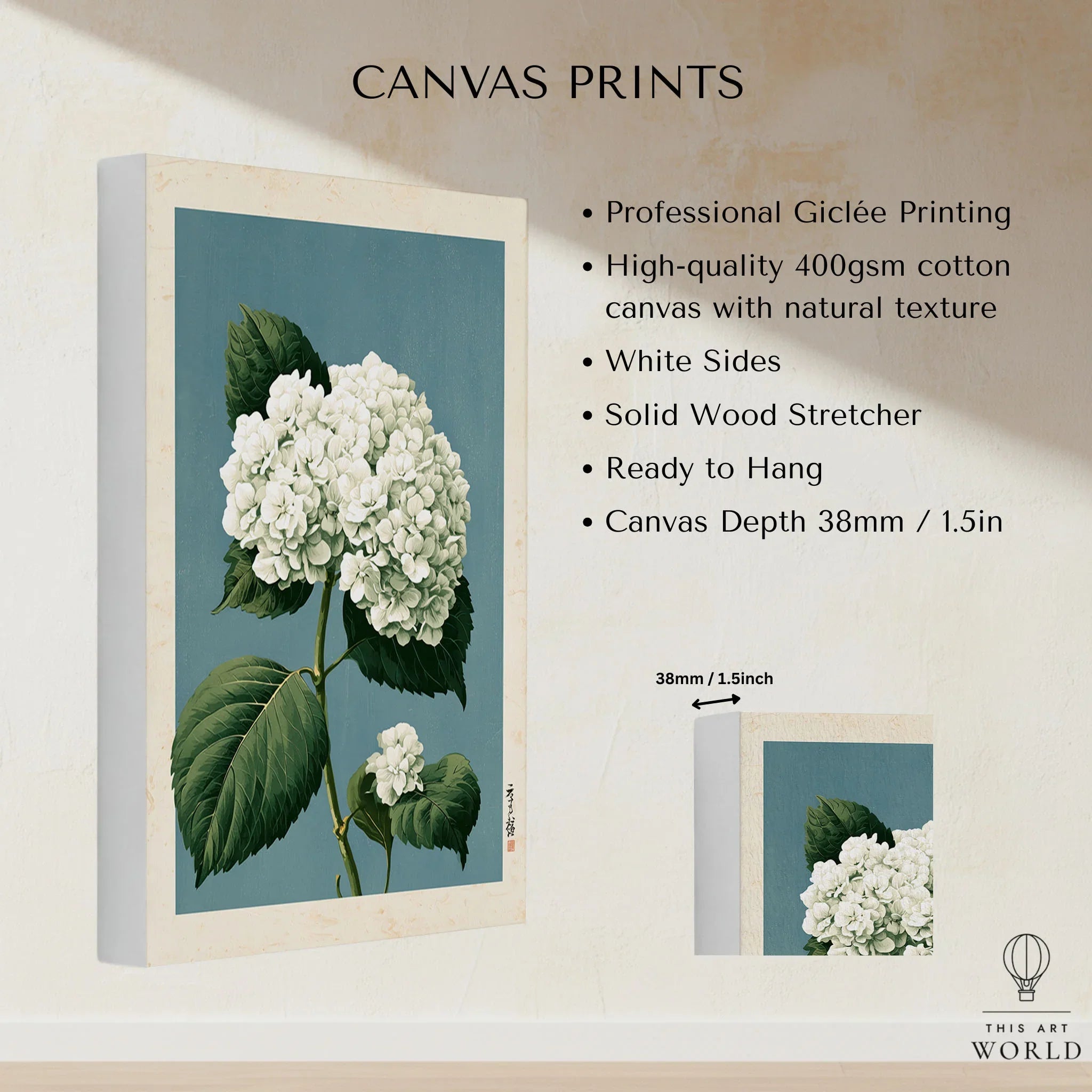 White Hydrangea Wall Art – Blue Japanese Botanical Print — canvas print stretched cotton canvas details