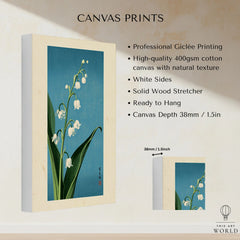 Lily of the Valley Art Print – Blue Japanese Botanical Wall Art — canvas print stretched cotton canvas details