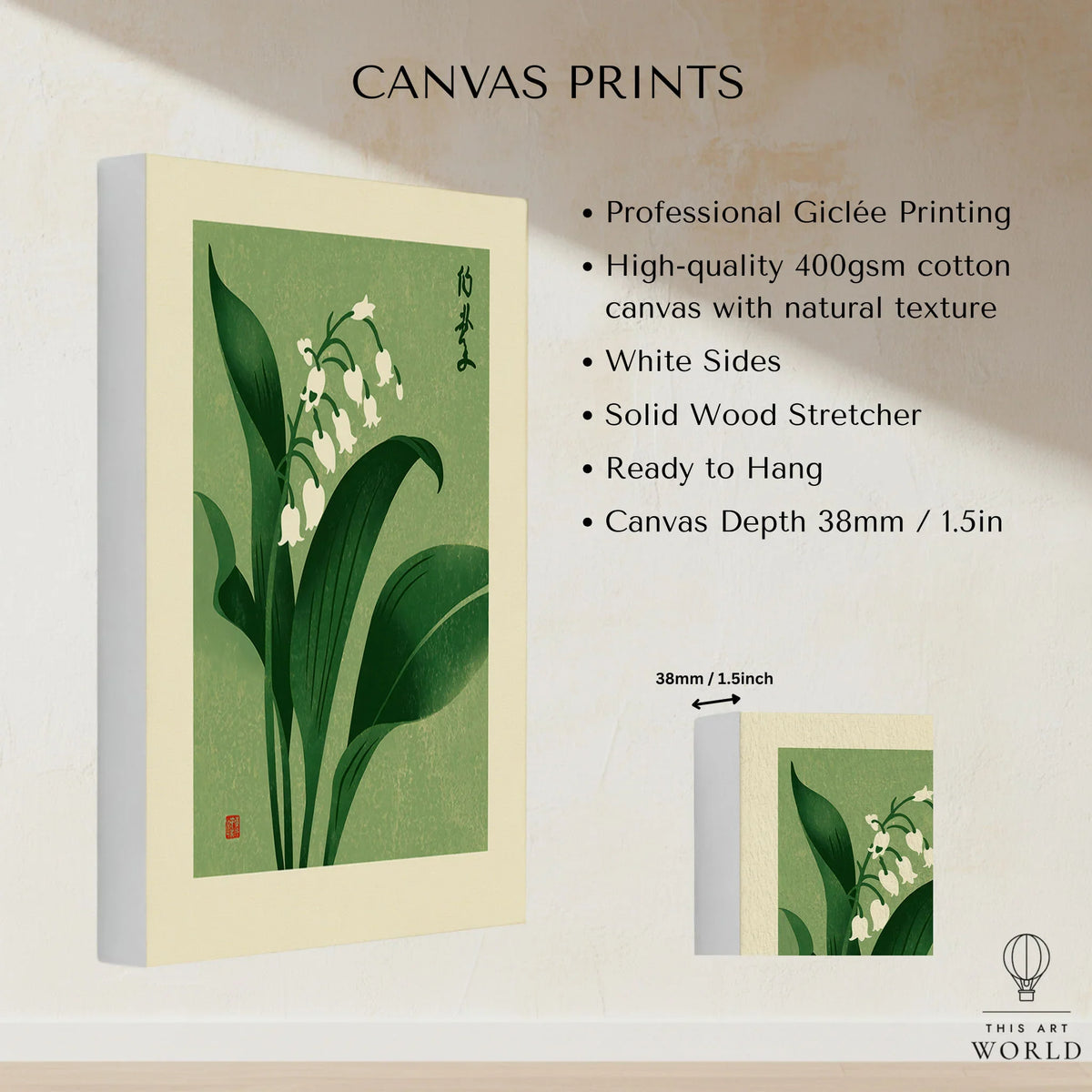 Lily of the Valley Art Print – Green Japanese Botanical Wall Art — canvas print stretched cotton canvas details