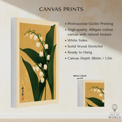 Lily of the Valley Print – Gold Japanese Botanical Wall Art — canvas print stretched cotton canvas details