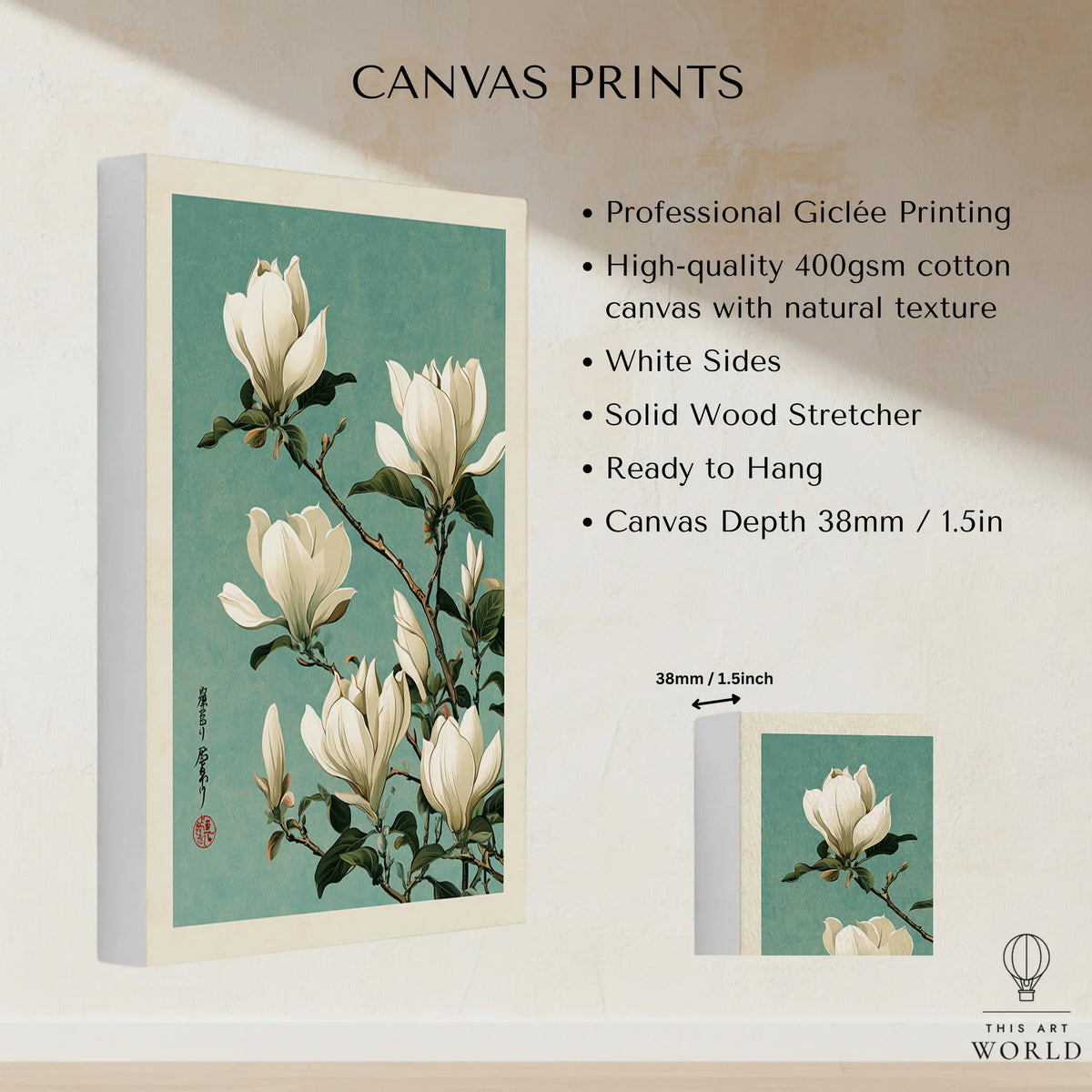 Magnolia Art Print – Blue Japanese Botanical Wall Art — canvas print stretched cotton canvas details