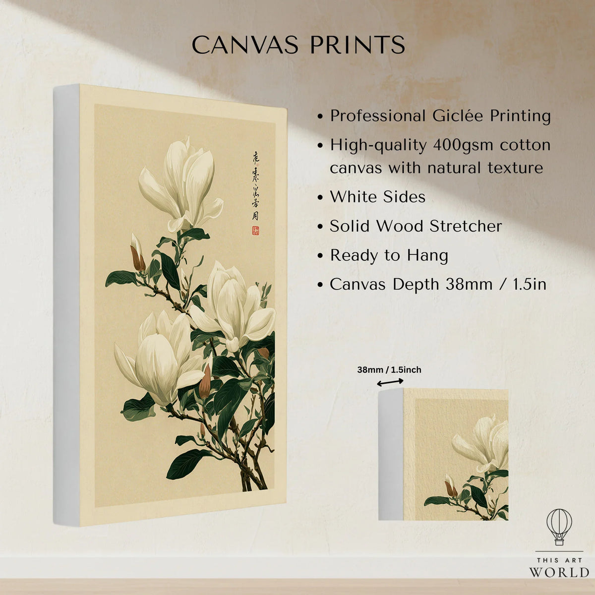 Magnolia Wall Art – Vintage Japanese Botanical Print — canvas print stretched cotton canvas details