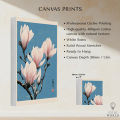 Pink Magnolia Art Print – Blue Japanese Botanical Wall Art — canvas print stretched cotton canvas details