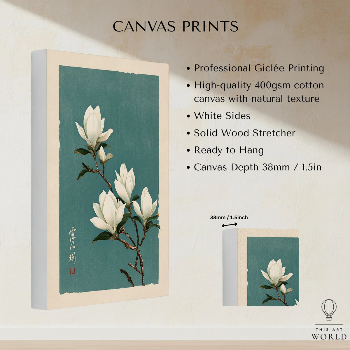 White Magnolia Art Print – Teal Japanese Botanical Wall Art — canvas print stretched cotton canvas details