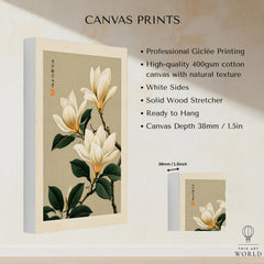 Magnolia Flower Wall Art – Neutral Japanese Botanical Print — canvas print stretched cotton canvas details