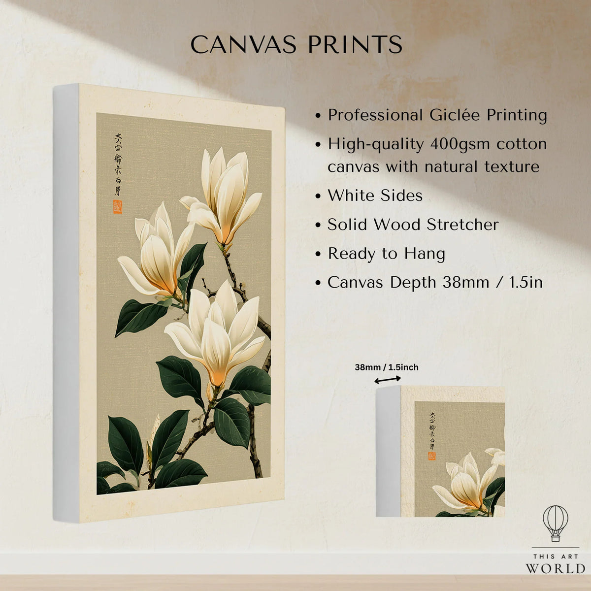 Magnolia Flower Wall Art – Neutral Japanese Botanical Print — canvas print stretched cotton canvas details
