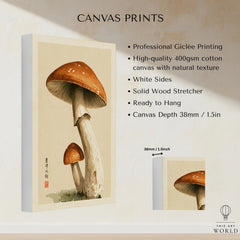 Mushroom Wall Art – Vintage Japanese Woodland Print — canvas print stretched cotton canvas details