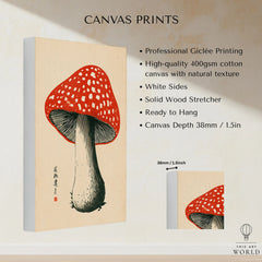 Red Mushroom Art Print – Japanese Woodblock Wall Art — canvas print stretched cotton canvas details