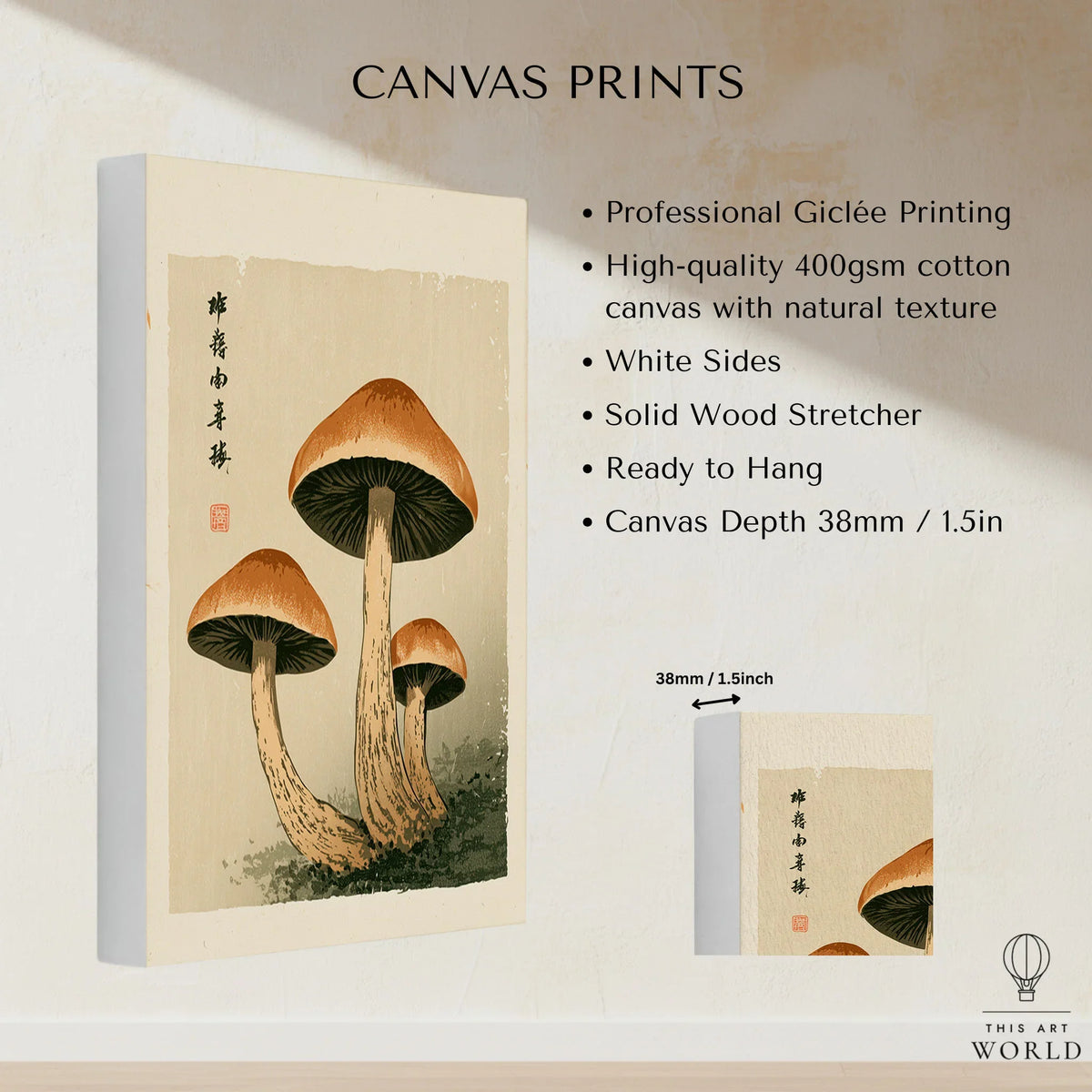 Mushroom Print – Japanese Forest Botanical Wall Art — canvas print stretched cotton canvas details