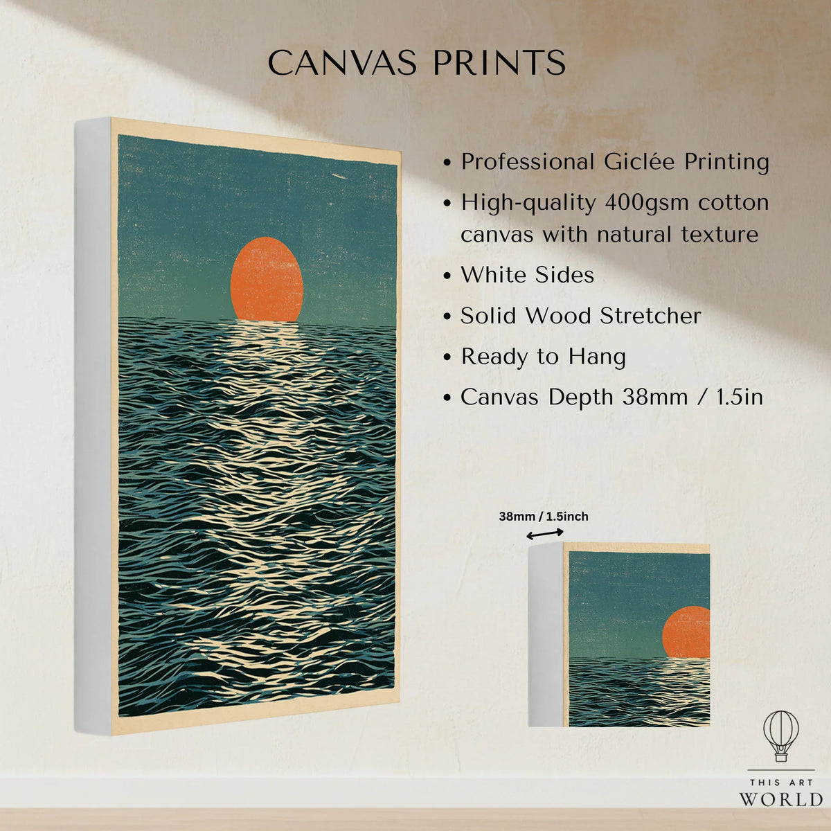 Ocean Sunset Art Print – Japanese Seascape Wall Art — canvas print stretched cotton canvas details