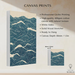 Ocean Waves Art Print – Blue Japanese Seascape Wall Art — canvas print stretched cotton canvas details