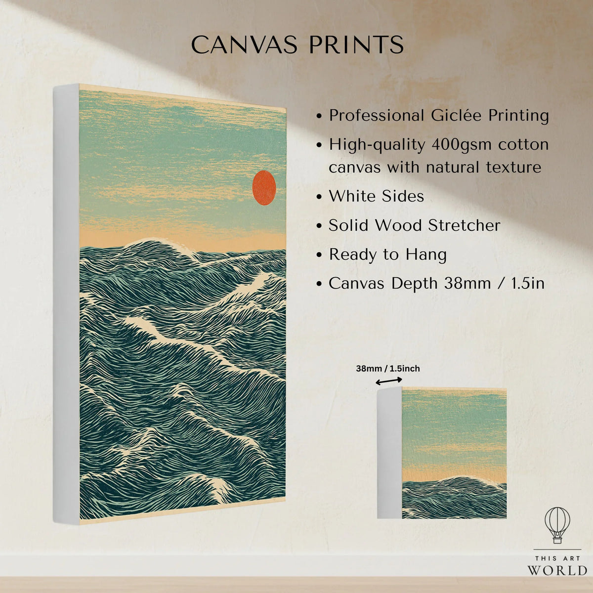 Red Sun Ocean Art Print – Japanese Seascape Wall Art — canvas print stretched cotton canvas details