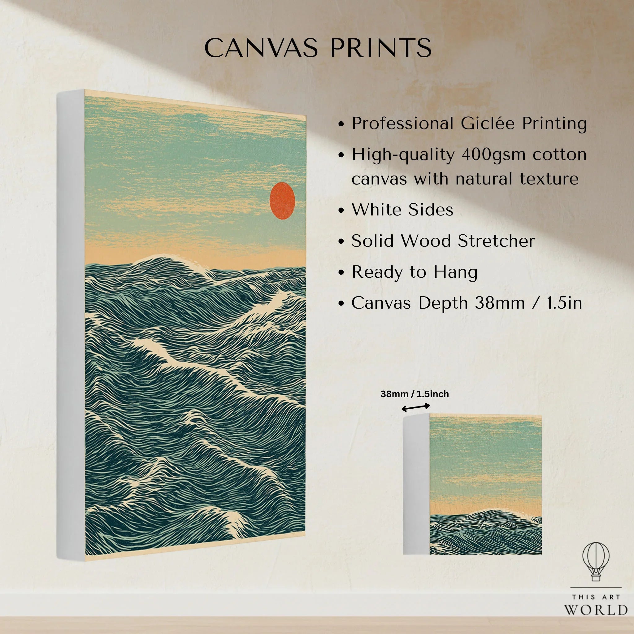Red Sun Ocean Art Print – Japanese Seascape Wall Art — canvas print stretched cotton canvas details