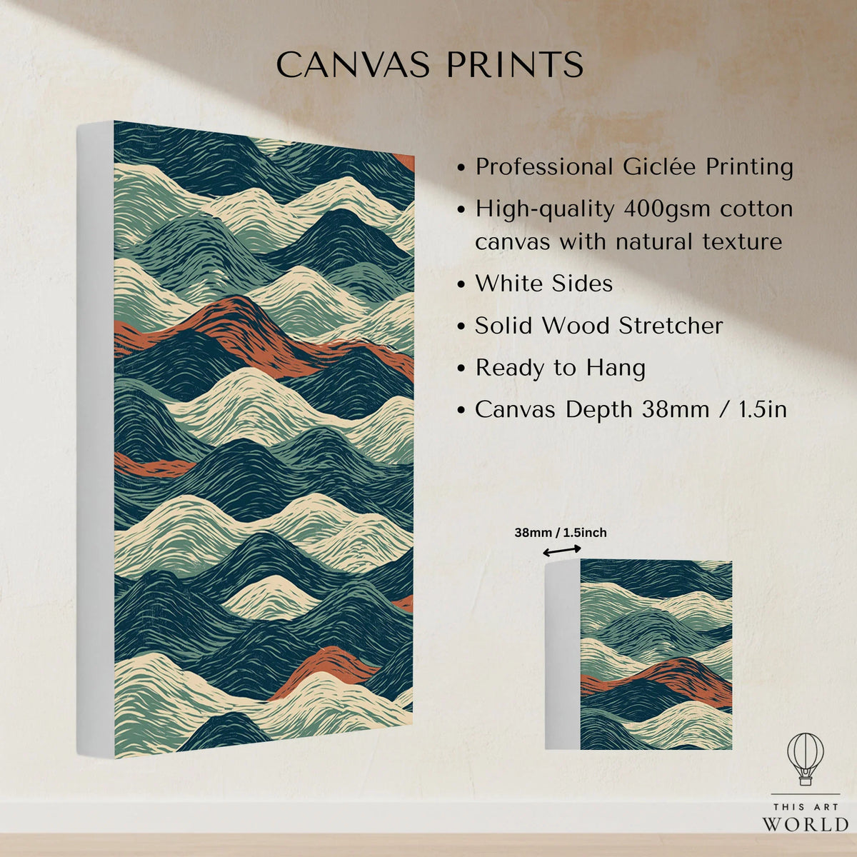 Linocut Style Ocean Art Print – Japanese Wave Pattern Wall Art — canvas print stretched cotton canvas details