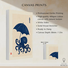 Octopus with Umbrella Art Print – Blue Japanese Wall Art — canvas print stretched cotton canvas details