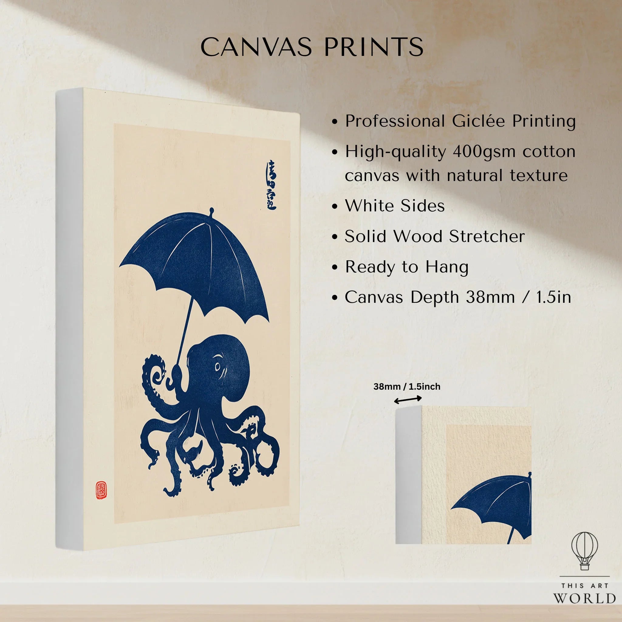 Octopus with Umbrella Art Print – Blue Japanese Wall Art — canvas print stretched cotton canvas details