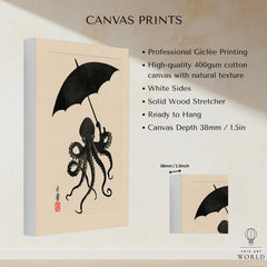 Octopus Umbrella Wall Art – Black Japanese Woodblock Print — canvas print stretched cotton canvas details