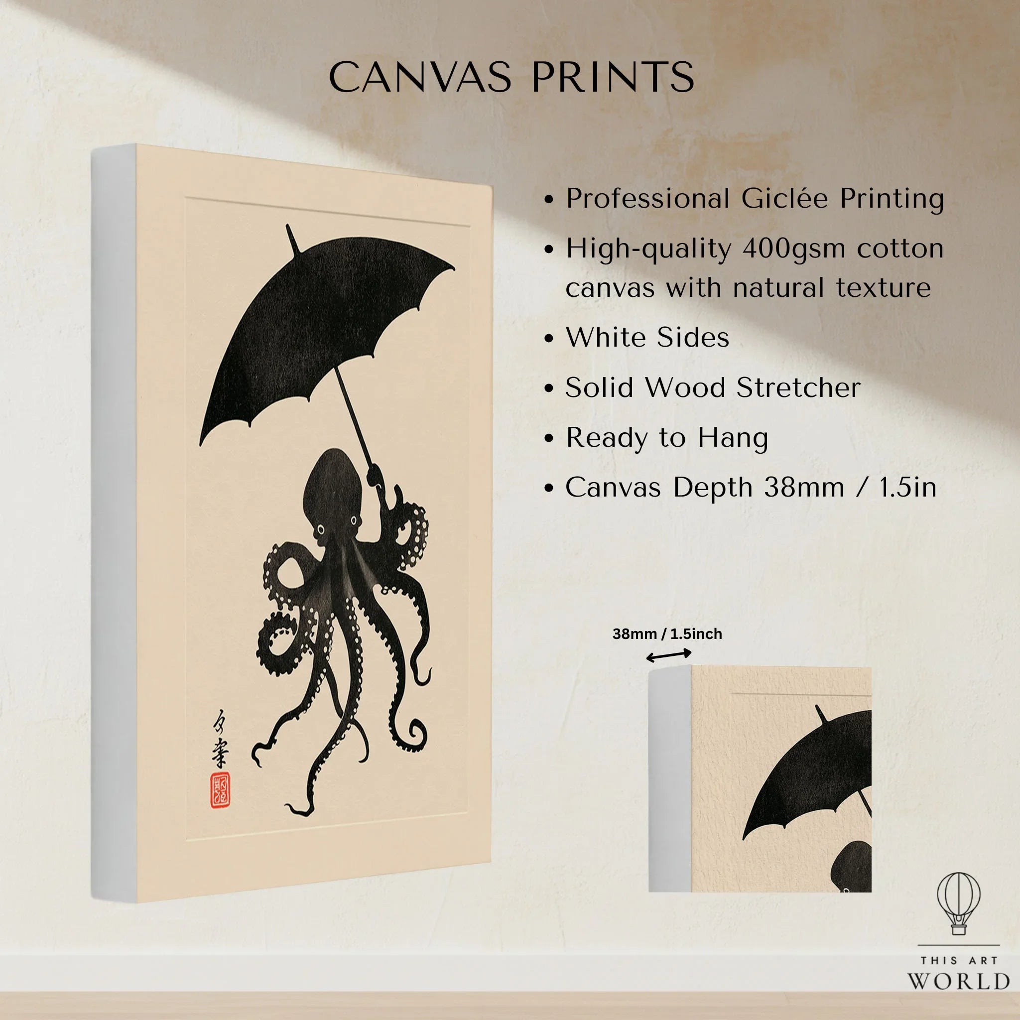 Octopus Umbrella Wall Art – Black Japanese Woodblock Print — canvas print stretched cotton canvas details