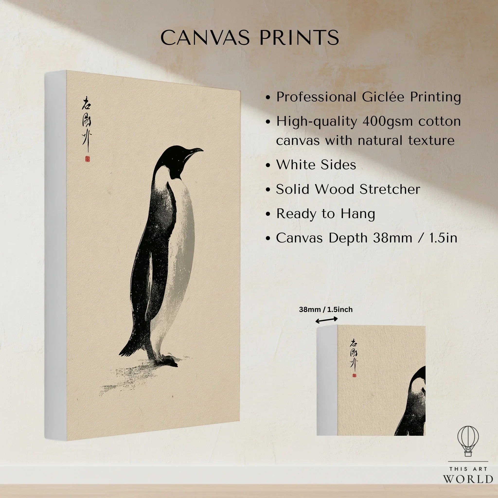 Penguin Art Print – Japanese Ink Wall Art — canvas print stretched cotton canvas details