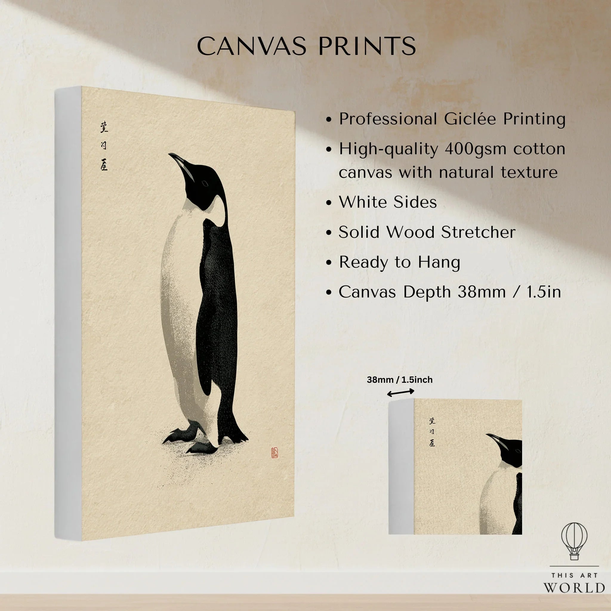 Penguin Wall Art – Minimalist Japanese Ink Art Print — canvas print stretched cotton canvas details