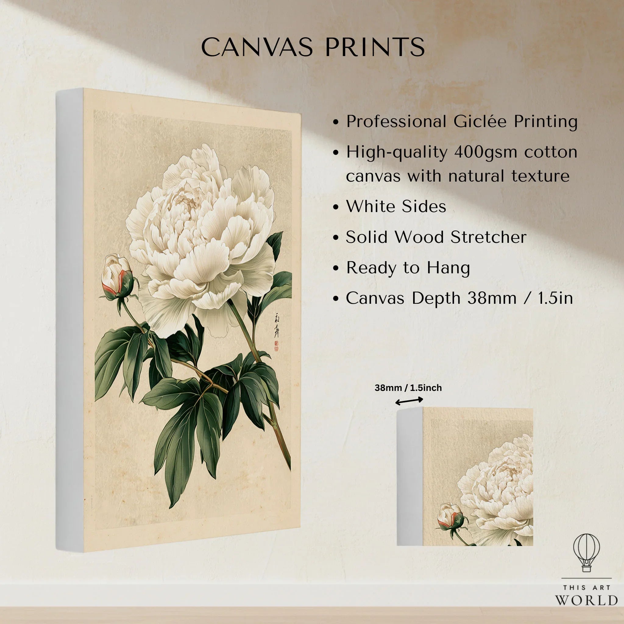 White Peony Art Print – Vintage Japanese Botanical Wall Art — canvas print stretched cotton canvas details