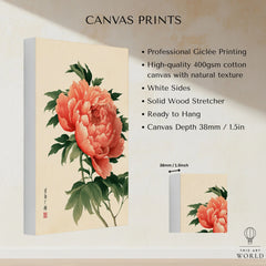 Coral Peony Art Print – Japanese Botanical Wall Art — canvas print stretched cotton canvas details