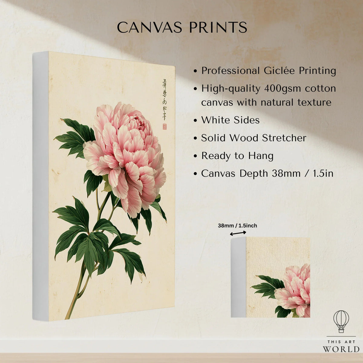 Pink Peony Art Print – Japanese Botanical Wall Art — canvas print stretched cotton canvas details