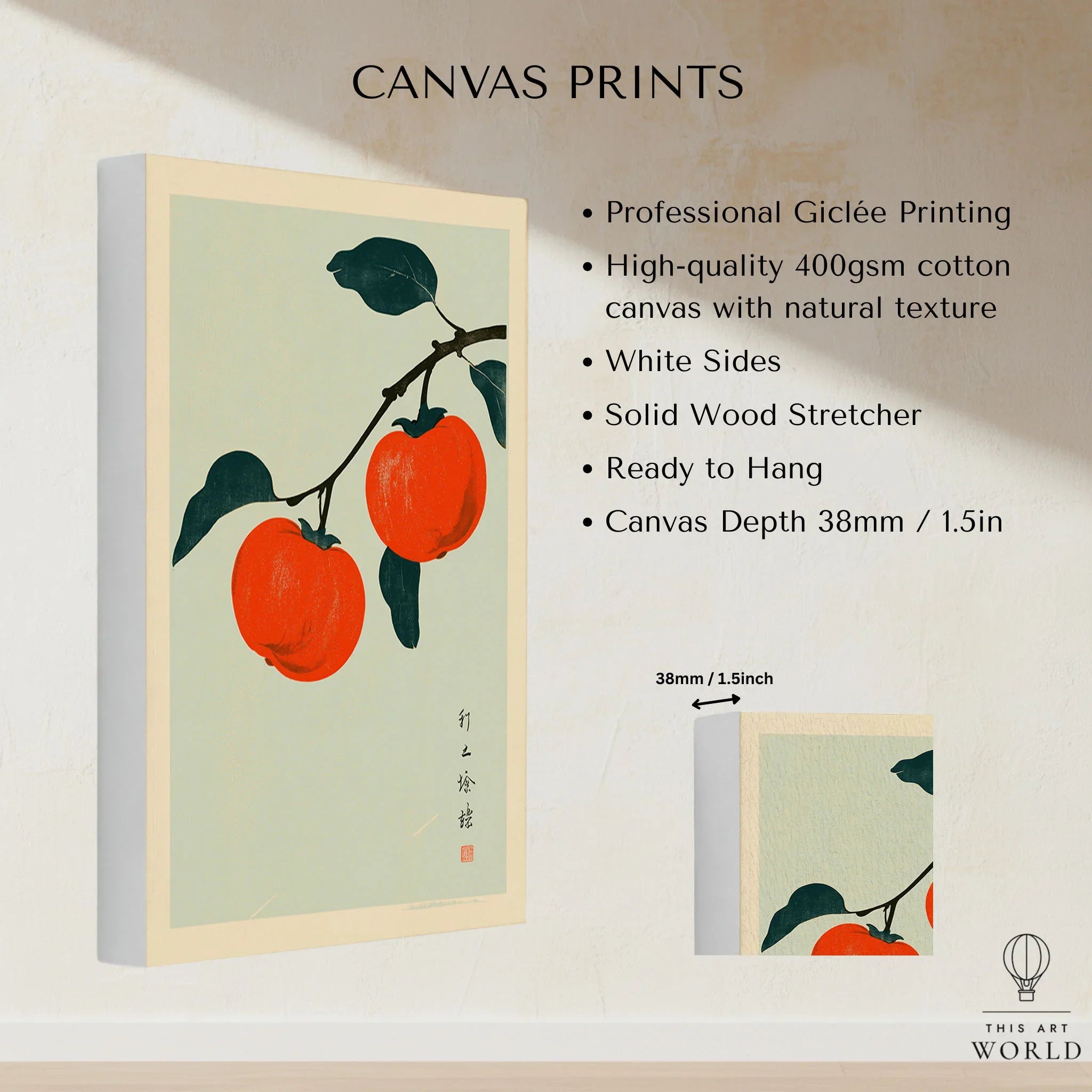 Persimmon Wall Art – Vintage Japanese Fruit Print — canvas print stretched cotton canvas details