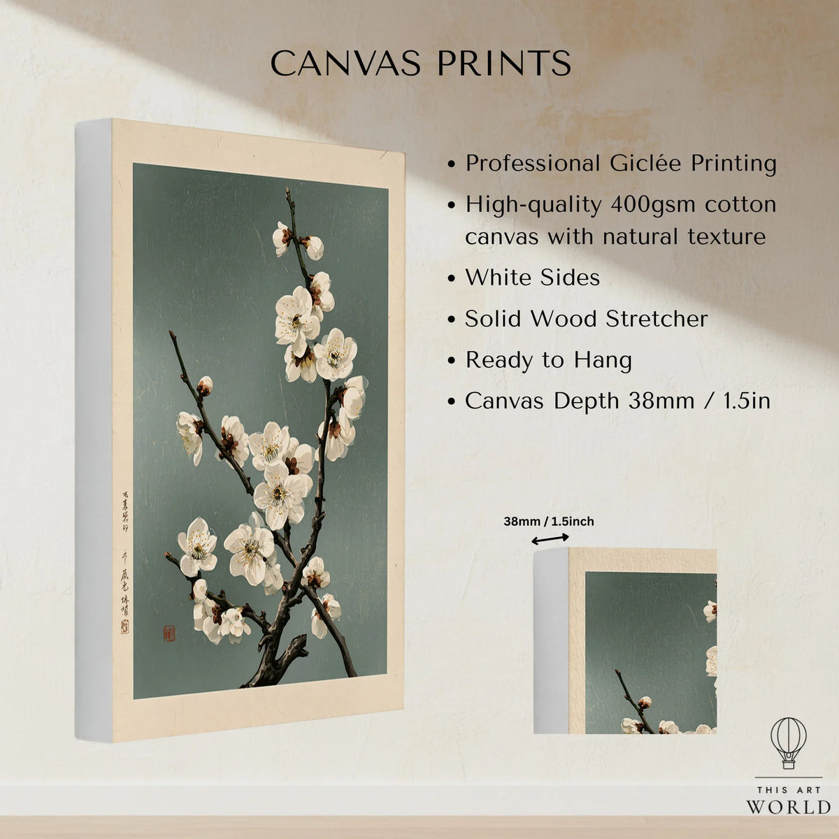 White Plum Blossom Art Print – Japanese Botanical Wall Art — canvas print stretched cotton canvas details