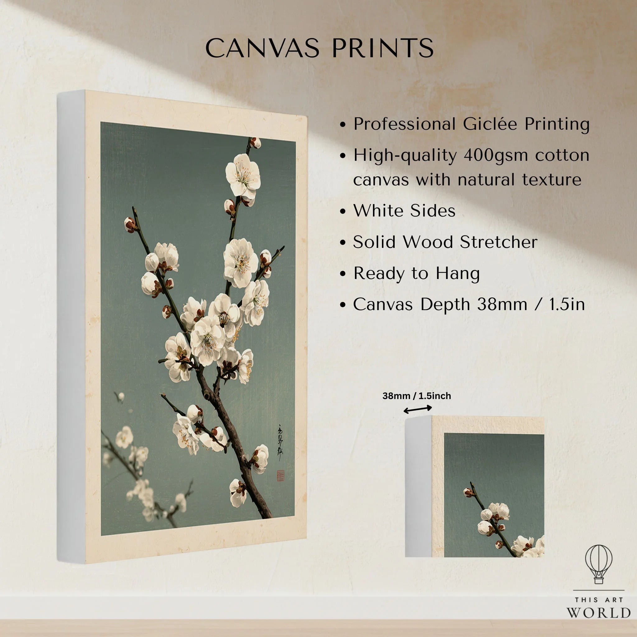 Plum Blossom Wall Art – Vintage Japanese Botanical Print — canvas print stretched cotton canvas details