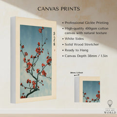 Red Plum Blossom Art Print – Blue Japanese Wall Art — canvas print stretched cotton canvas details