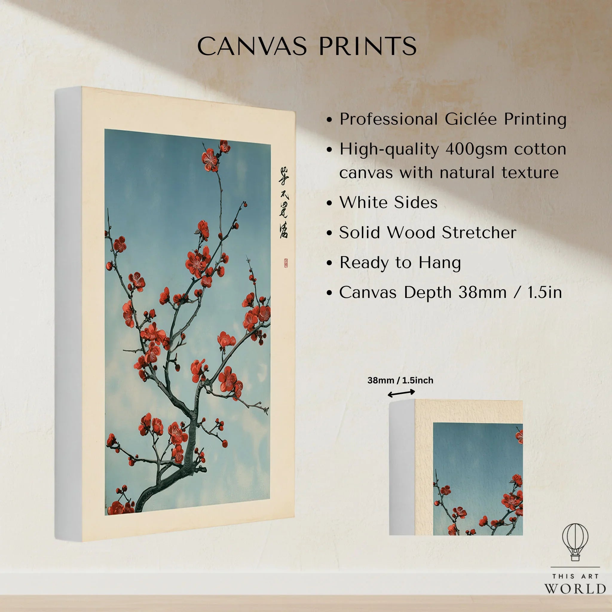 Red Plum Blossom Art Print – Blue Japanese Wall Art — canvas print stretched cotton canvas details