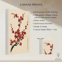 Red Blossom Art Print – Vintage Japanese Plum Wall Art — canvas print stretched cotton canvas details