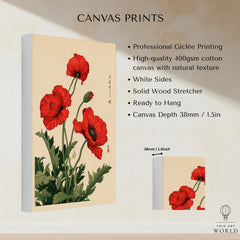 Red Poppy Art Print – Japanese Botanical Wall Art — canvas print stretched cotton canvas details