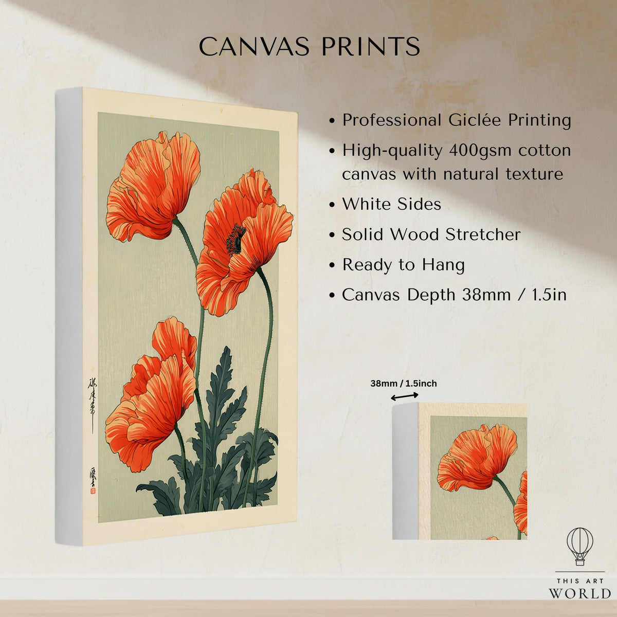 Orange Poppy Art Print – Vintage Japanese Floral Wall Art — canvas print stretched cotton canvas details