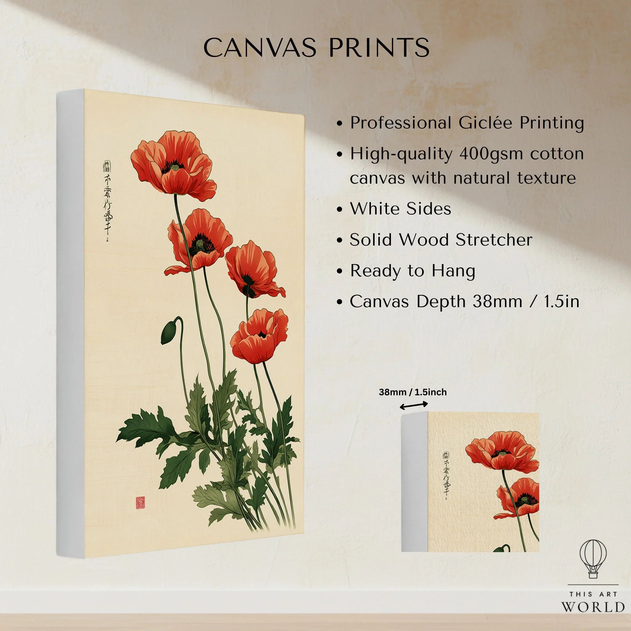 Poppy Wall Art – Vintage Japanese Botanical Print — canvas print stretched cotton canvas details