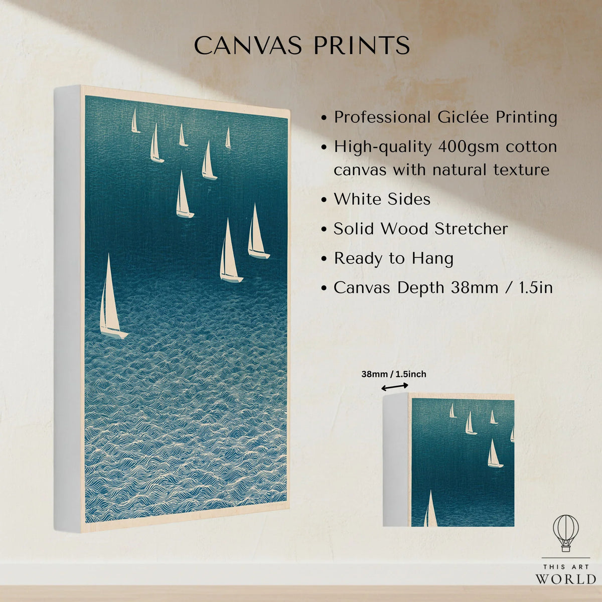 Sailing Boats Art Print – Blue Japanese Coastal Wall Art — canvas print stretched cotton canvas details