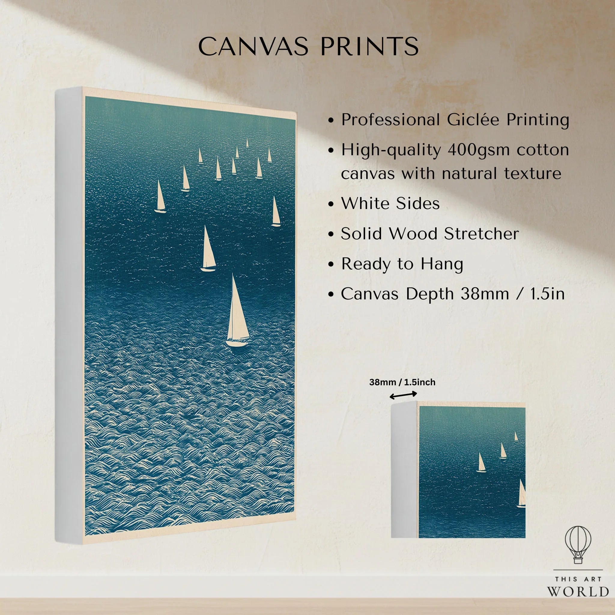 Sailboat Wall Art – Japanese Blue Ocean Print — canvas print stretched cotton canvas details
