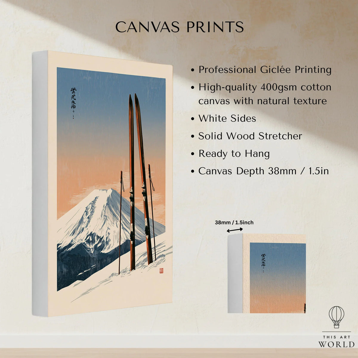 Vintage Ski Poster – Mount Fuji Japanese Alpine Wall Art — canvas print stretched cotton canvas details