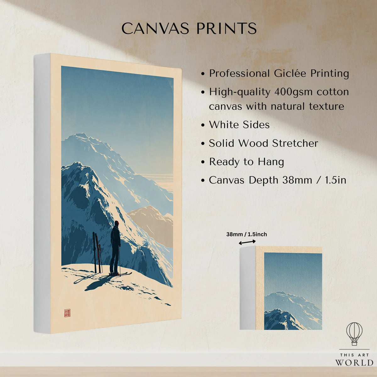 Ski Touring Art Print – Vintage Alpine Poster Wall Art — canvas print stretched cotton canvas details
