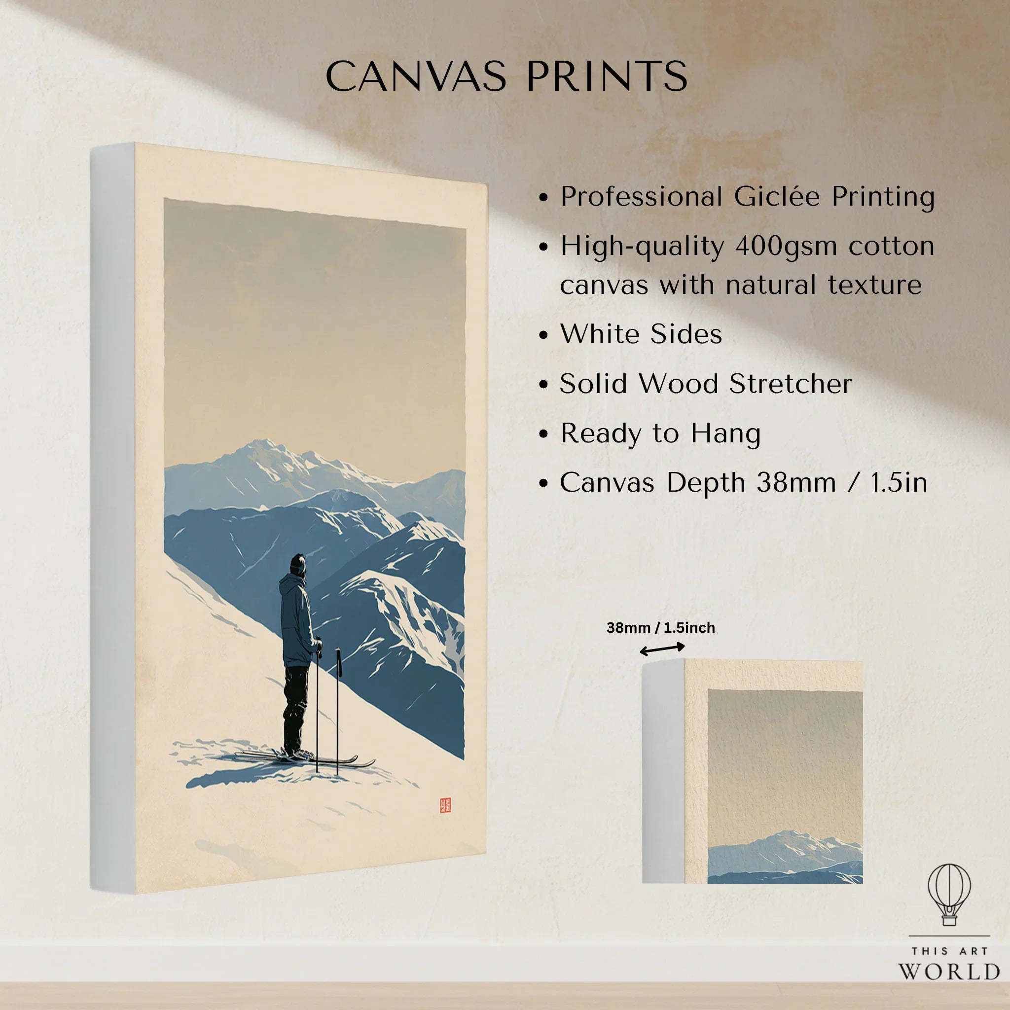 Ski Poster – Vintage Mountain Skier Wall Art — canvas print stretched cotton canvas details