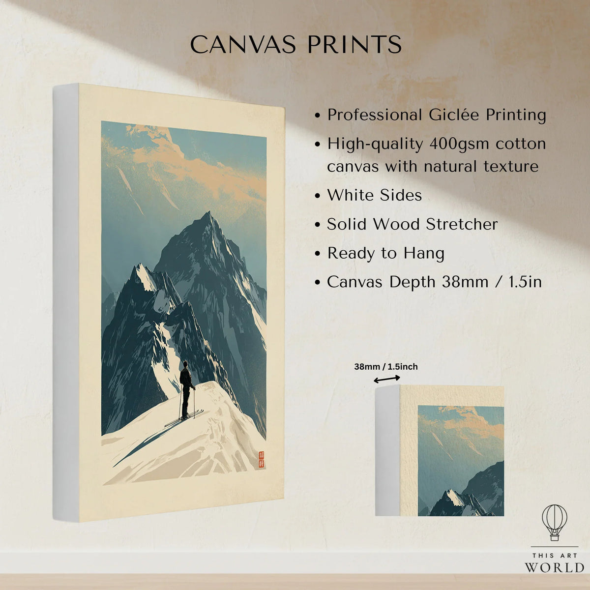 Ski Mountaineering Print – Vintage Alpine Summit Wall Art — canvas print stretched cotton canvas details