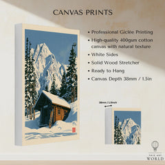 Ski Cabin Art Print – Vintage Alpine Chalet Wall Art — canvas print stretched cotton canvas details