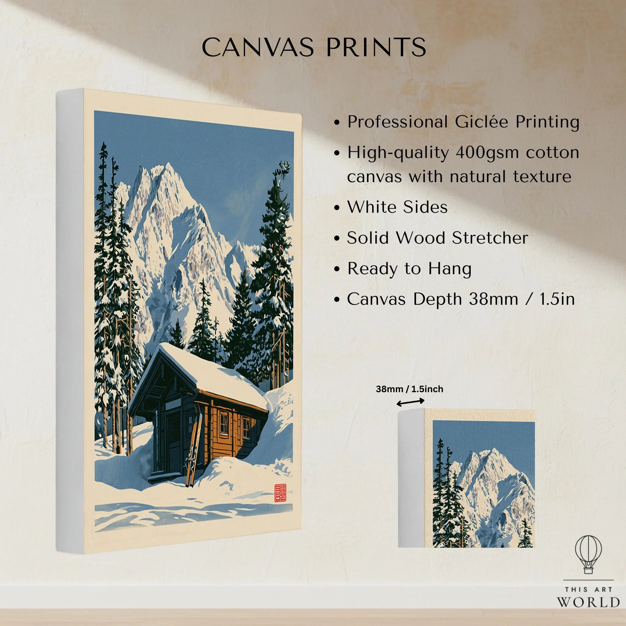 Ski Cabin Art Print – Vintage Alpine Chalet Wall Art — canvas print stretched cotton canvas details