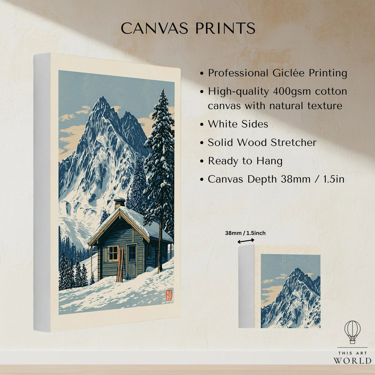 Ski Hut Poster – Vintage Alpine Cabin Wall Art — canvas print stretched cotton canvas details