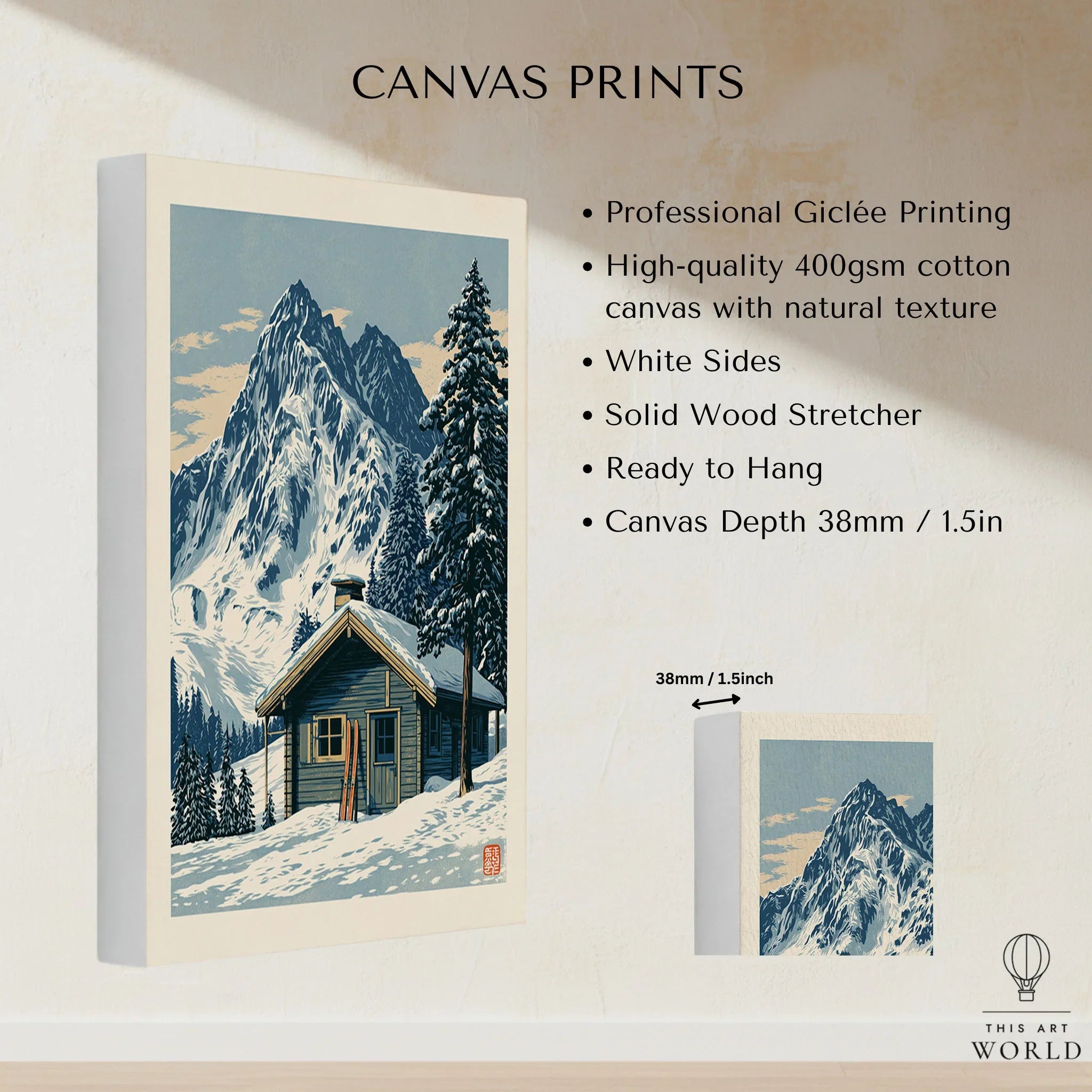 Ski Hut Poster – Vintage Alpine Cabin Wall Art — canvas print stretched cotton canvas details