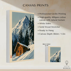 Log Cabin Ski Print – Vintage Alpine Lodge Wall Art — canvas print stretched cotton canvas details