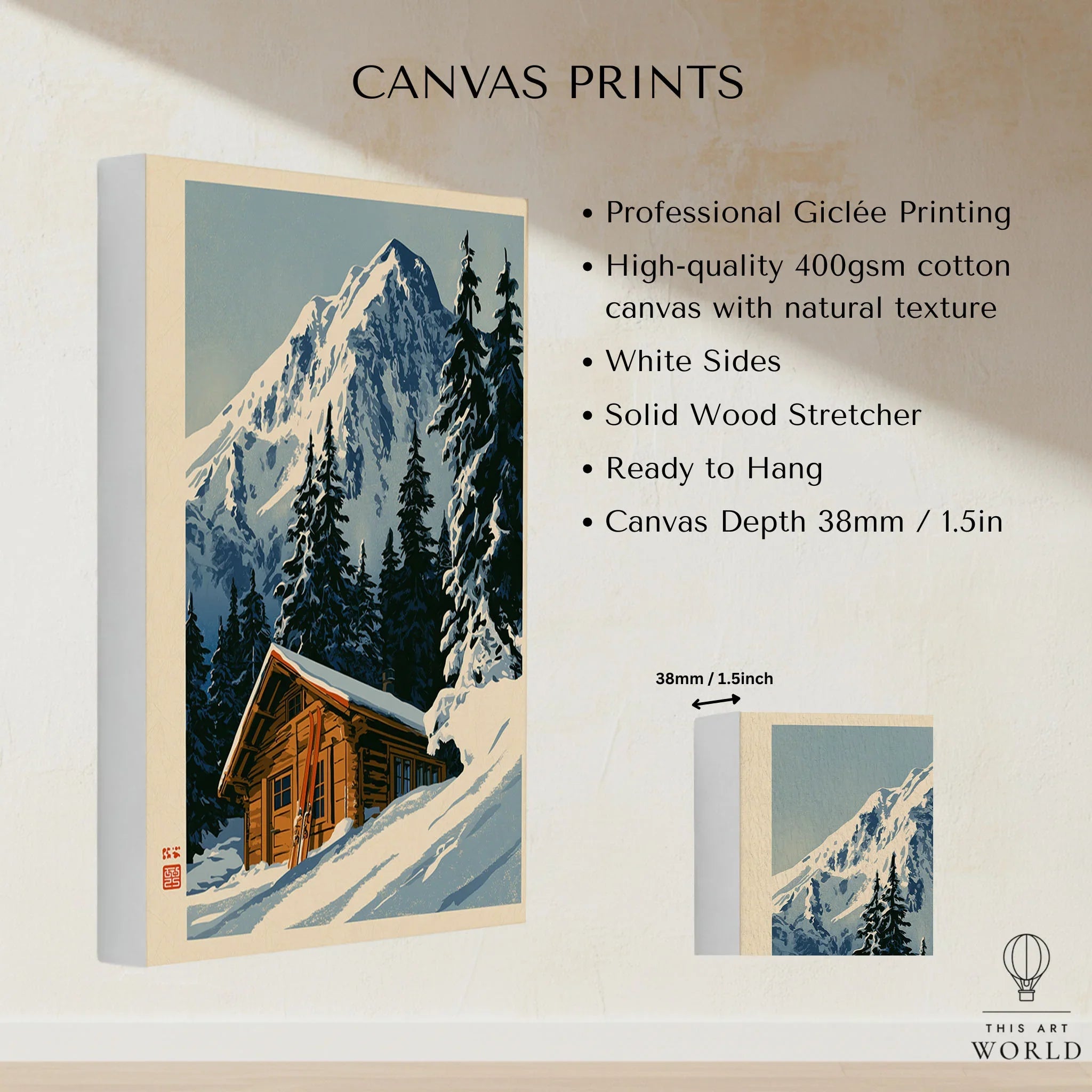 Log Cabin Ski Print – Vintage Alpine Lodge Wall Art — canvas print stretched cotton canvas details