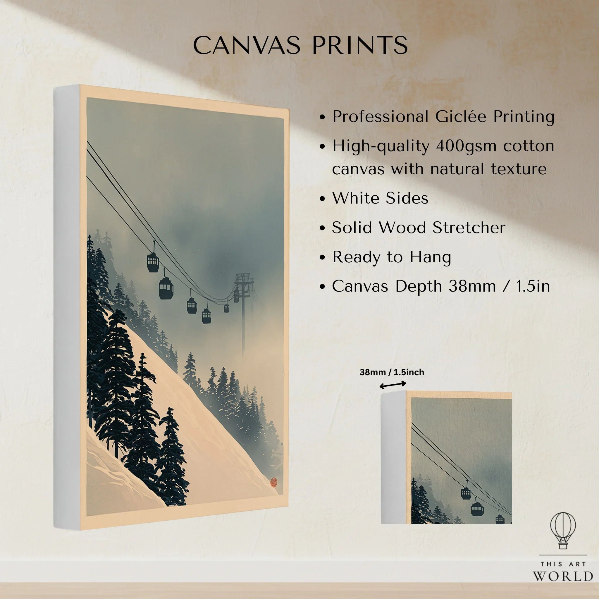 Misty Ski Lift Art Print – Vintage Alpine Gondola Wall Art — canvas print stretched cotton canvas details