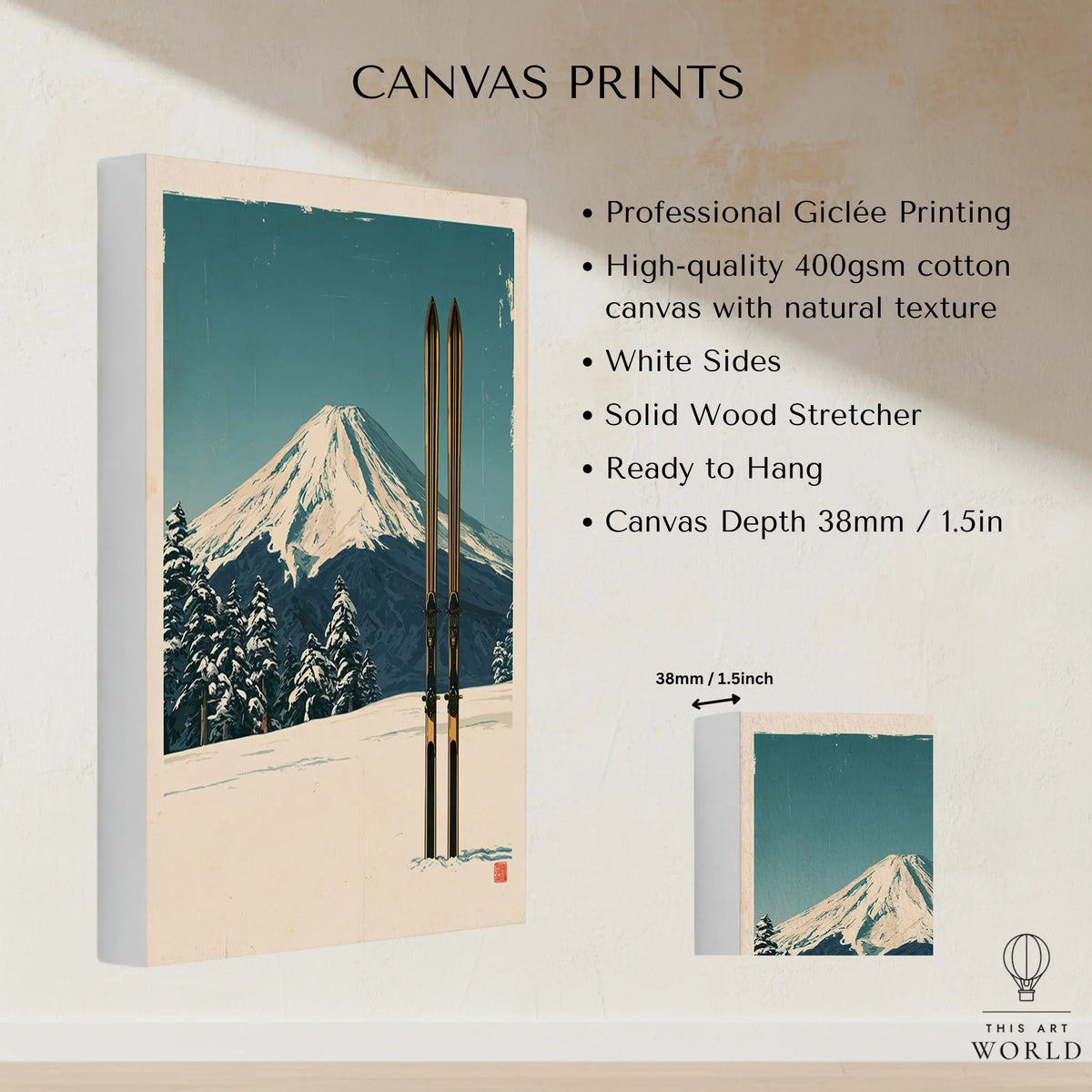Mount Fuji Ski Poster – Vintage Japanese Alpine Print — canvas print stretched cotton canvas details